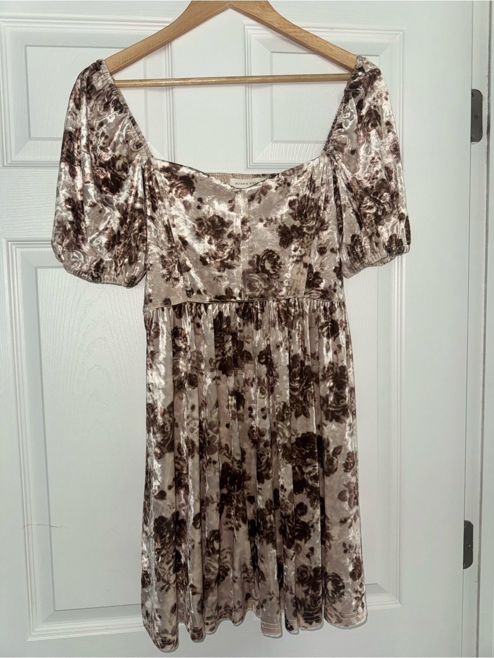 Altar'd State Cream Velvet Mini Dress with Brown Floral Print